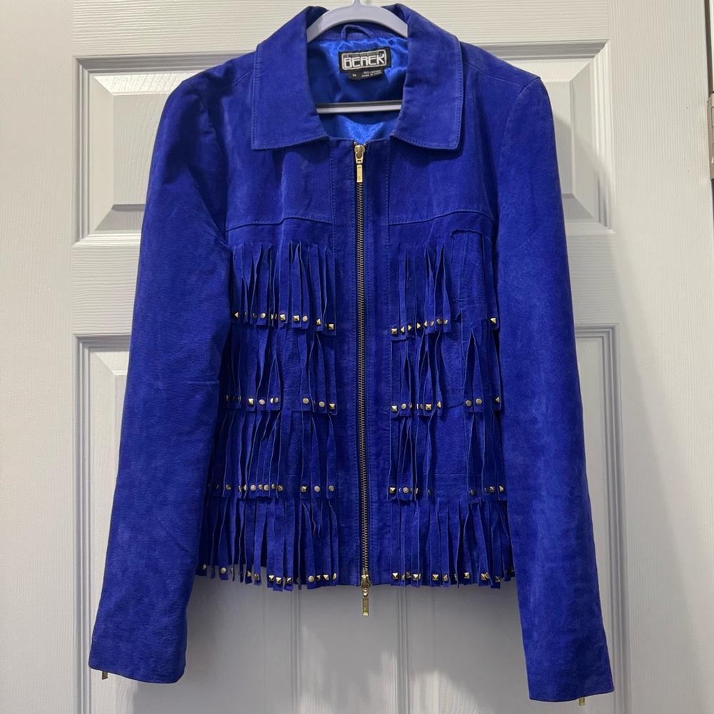 Vintage style Blue Suede Fringe Jacket Woman Size Medium Double Zipper